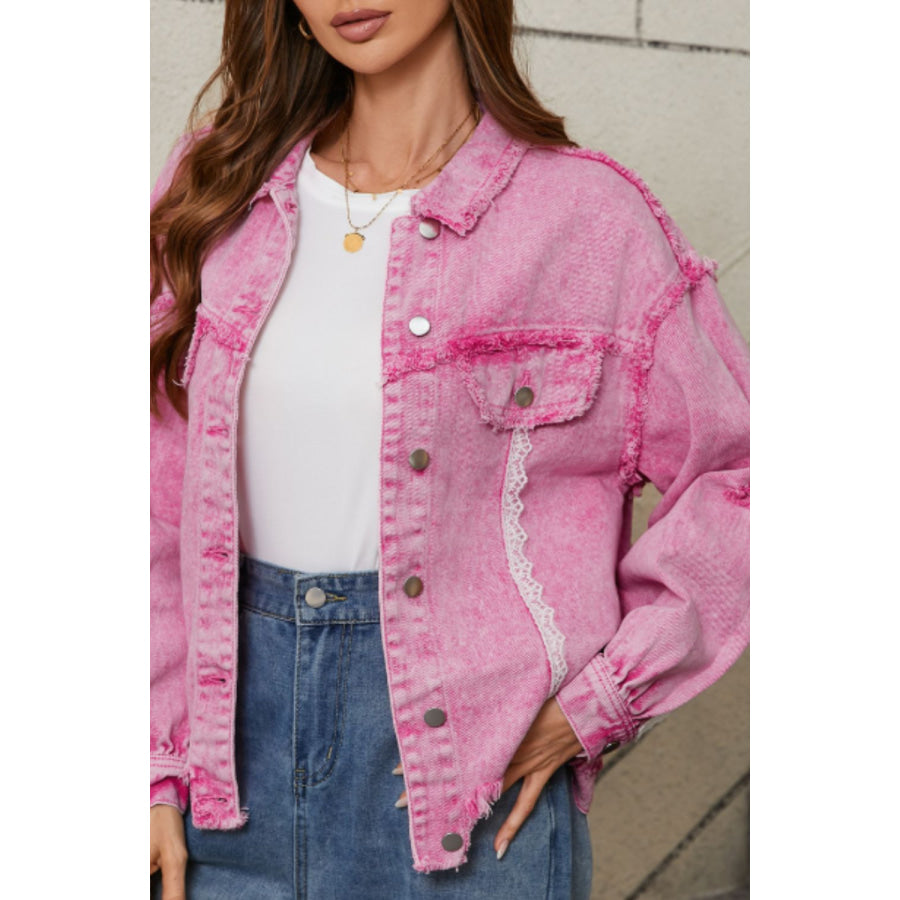 Lace Detail Distressed Button Up Denim Jacket Apparel and Accessories