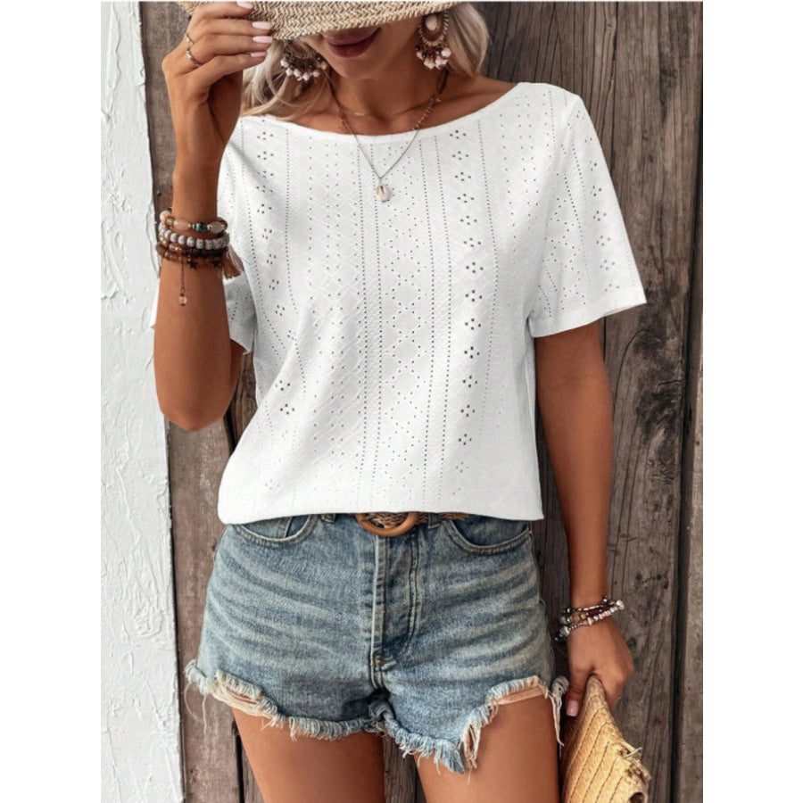 Lace Detail Eyelet Short Sleeve Blouse Apparel and Accessories