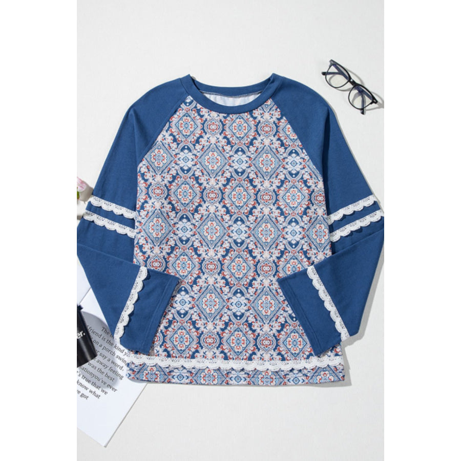 Lace Detail Geometric Round Neck Long Sleeve Top Apparel and Accessories
