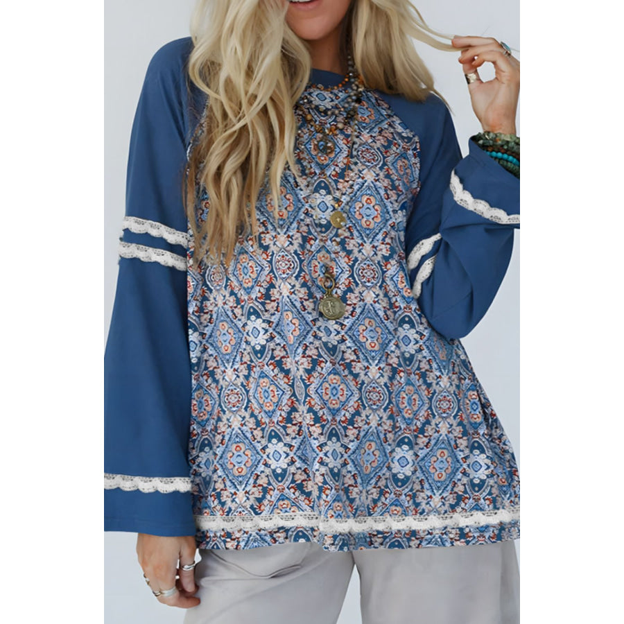 Lace Detail Geometric Round Neck Long Sleeve Top Dusty Blue / S Apparel and Accessories