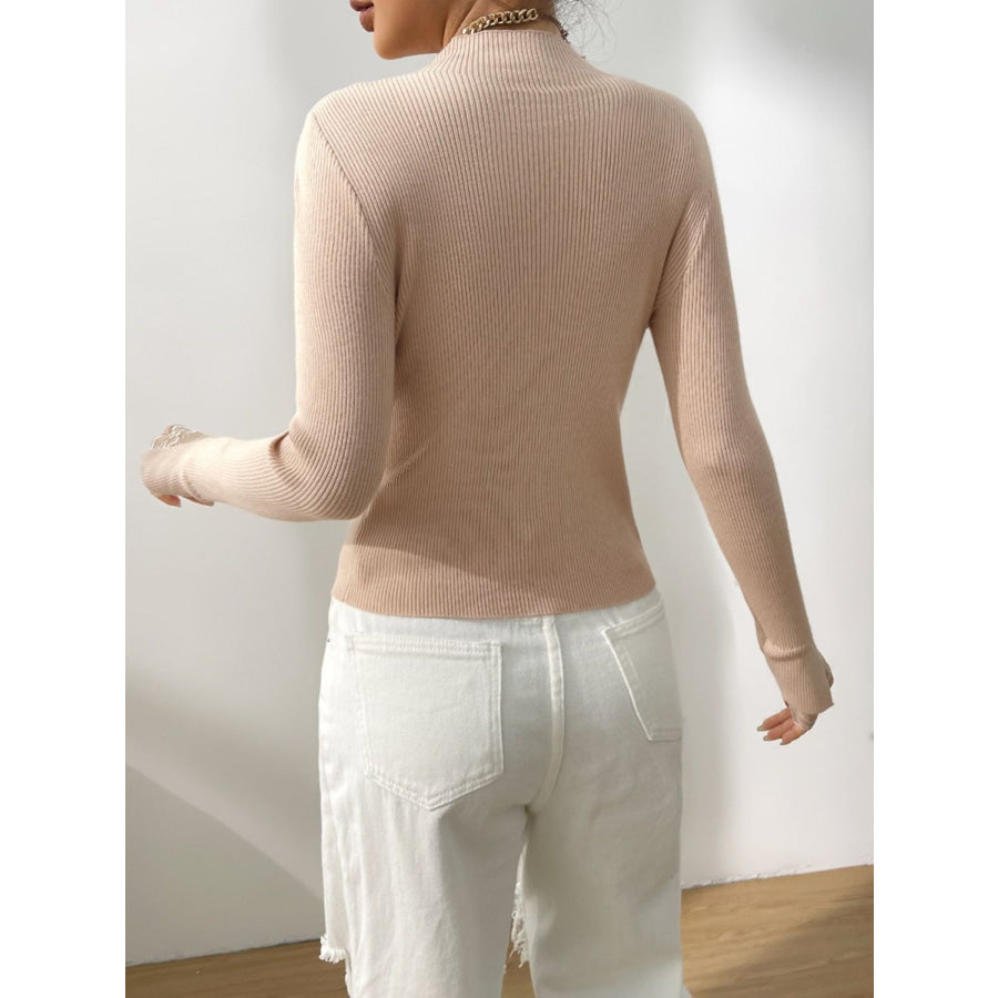 Lace Detail Mock Neck Long Sleeve Sweater Apparel and Accessories