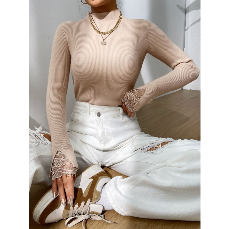 Lace Detail Mock Neck Long Sleeve Sweater Apparel and Accessories