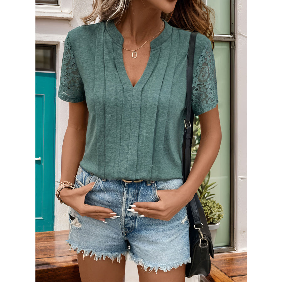 Lace Detail Notched Short Sleeve T-Shirt Apparel and Accessories