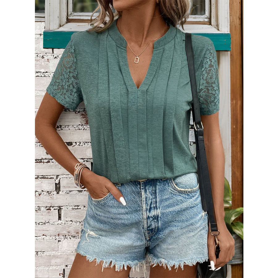 Lace Detail Notched Short Sleeve T-Shirt Apparel and Accessories