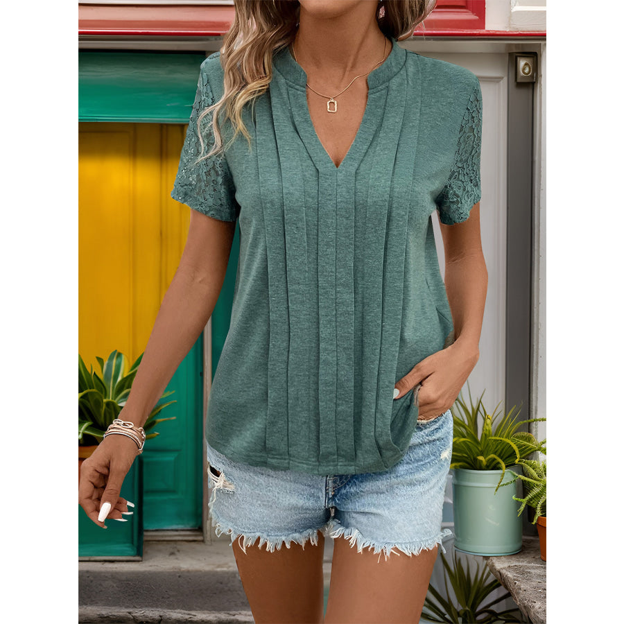 Lace Detail Notched Short Sleeve T-Shirt Green / S Apparel and Accessories