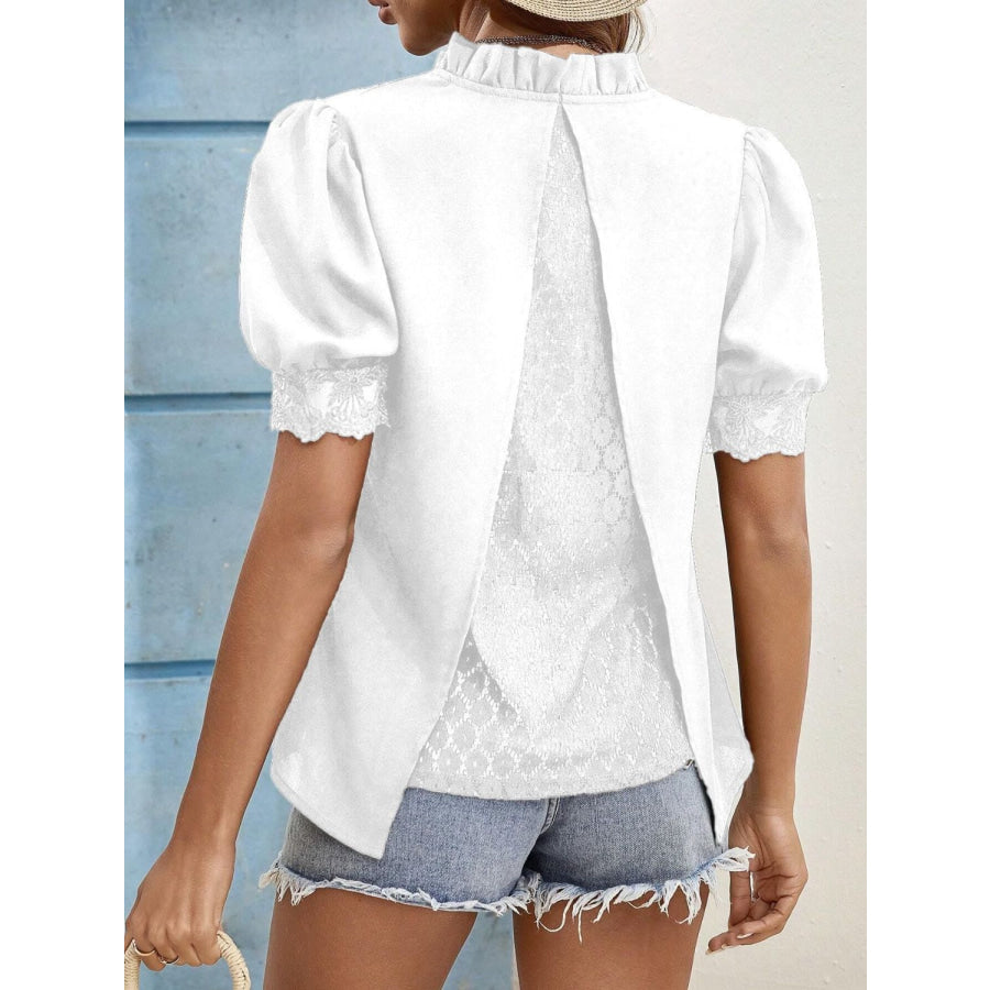 Lace Detail Notched Short Sleeve Top Apparel and Accessories