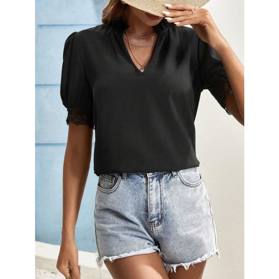 Lace Detail Notched Short Sleeve Top Apparel and Accessories