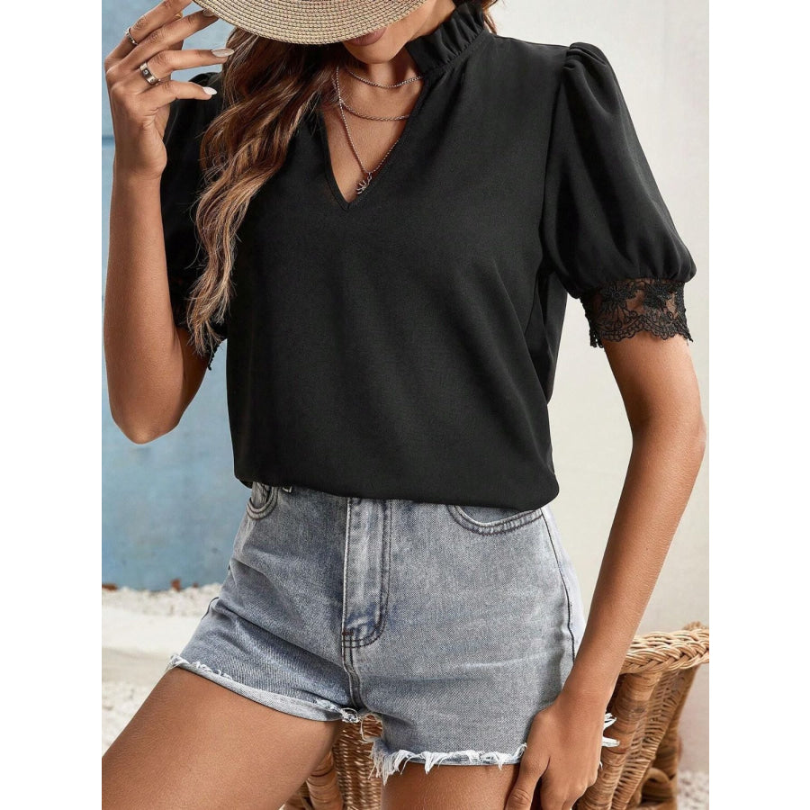Lace Detail Notched Short Sleeve Top Apparel and Accessories