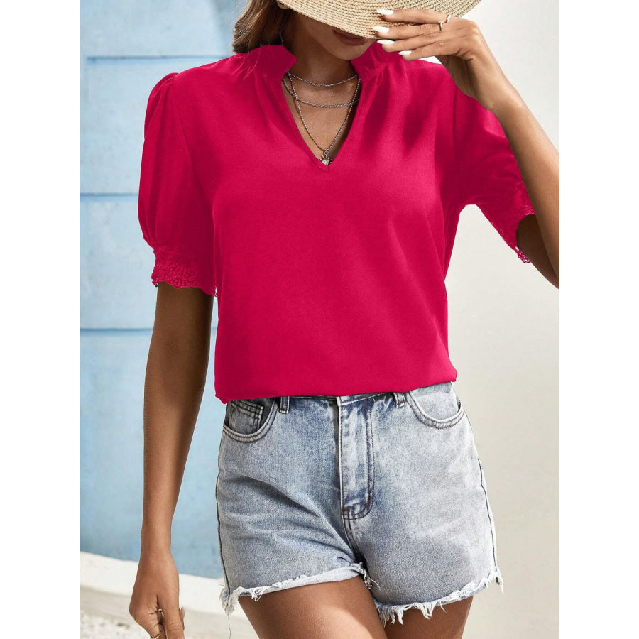 Lace Detail Notched Short Sleeve Top Apparel and Accessories