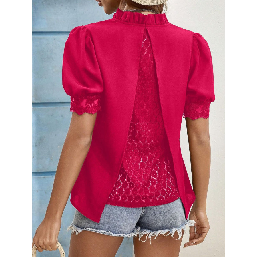 Lace Detail Notched Short Sleeve Top Apparel and Accessories