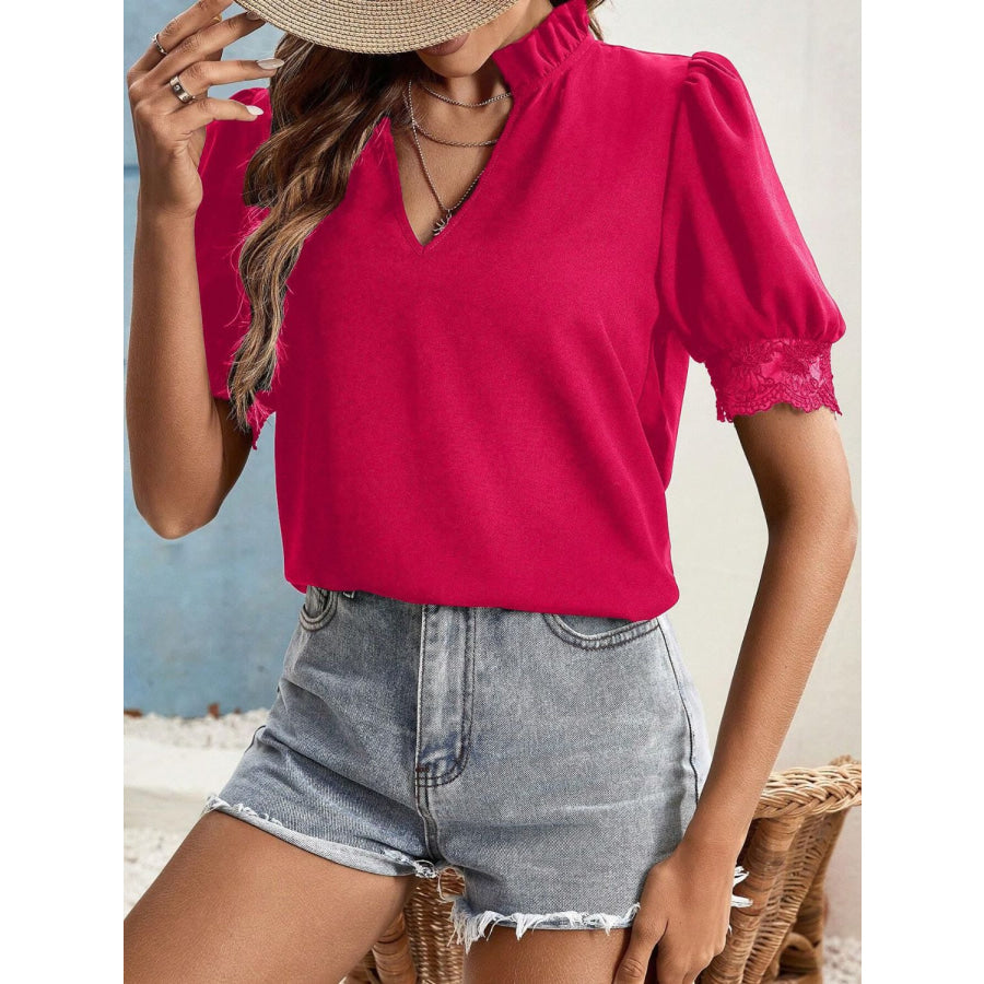 Lace Detail Notched Short Sleeve Top Apparel and Accessories
