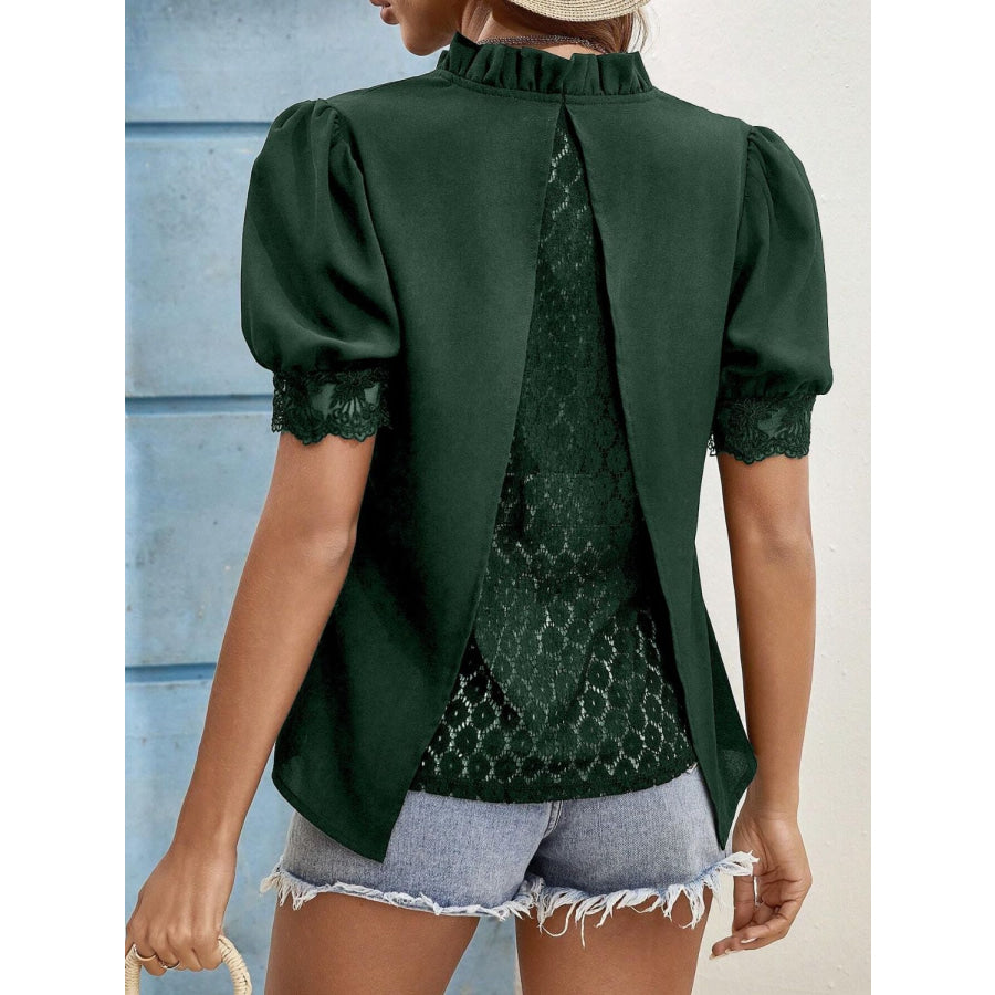 Lace Detail Notched Short Sleeve Top Apparel and Accessories