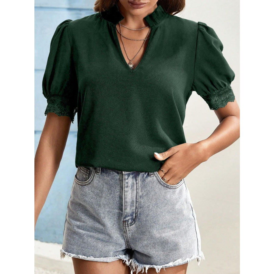 Lace Detail Notched Short Sleeve Top Apparel and Accessories