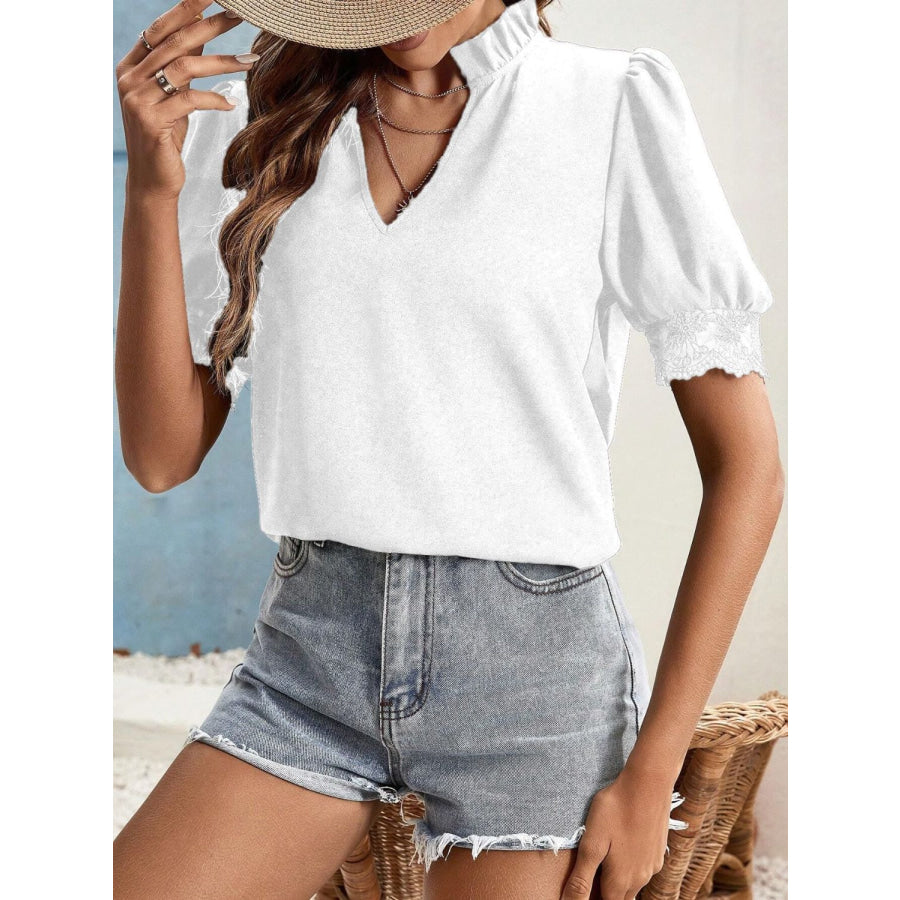 Lace Detail Notched Short Sleeve Top Apparel and Accessories