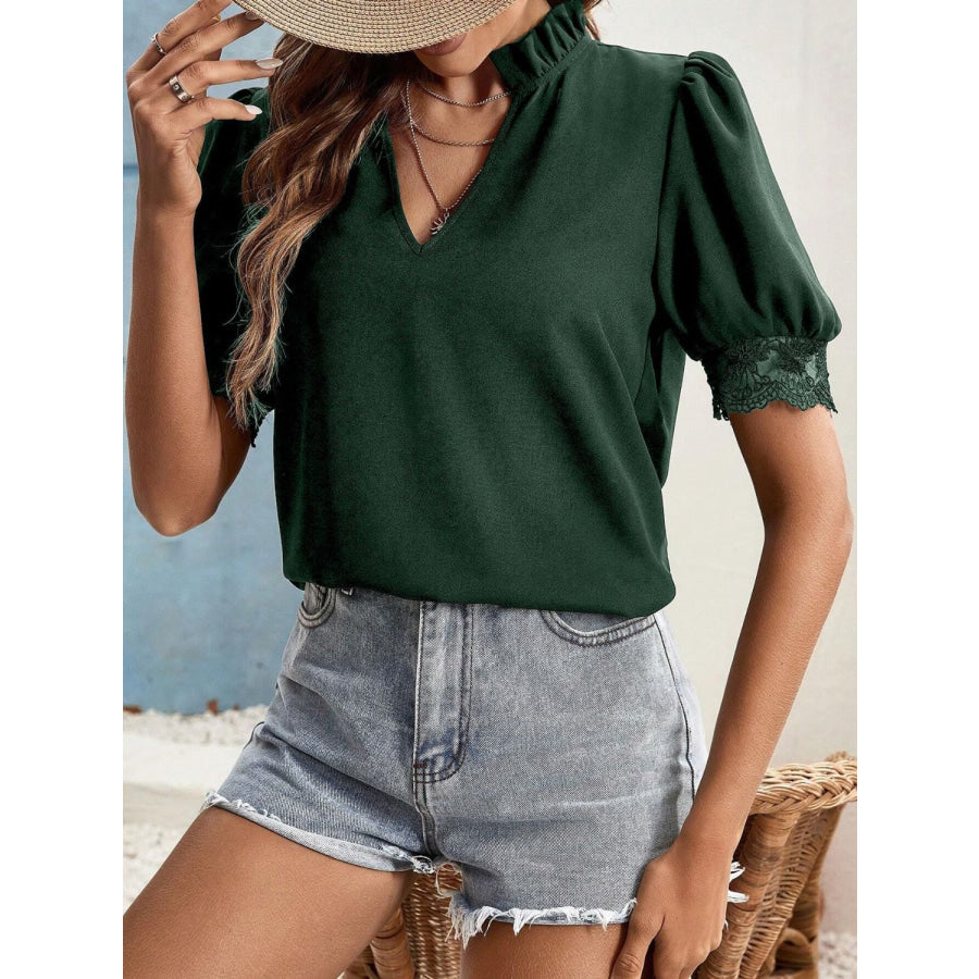 Lace Detail Notched Short Sleeve Top Dark Green / S Apparel and Accessories