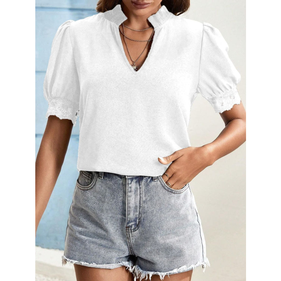 Lace Detail Notched Short Sleeve Top White / S Apparel and Accessories