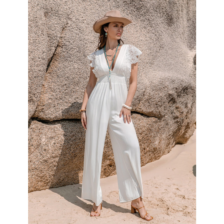 Lace Detail Plunge Cap Sleeve Jumpsuit Apparel and Accessories