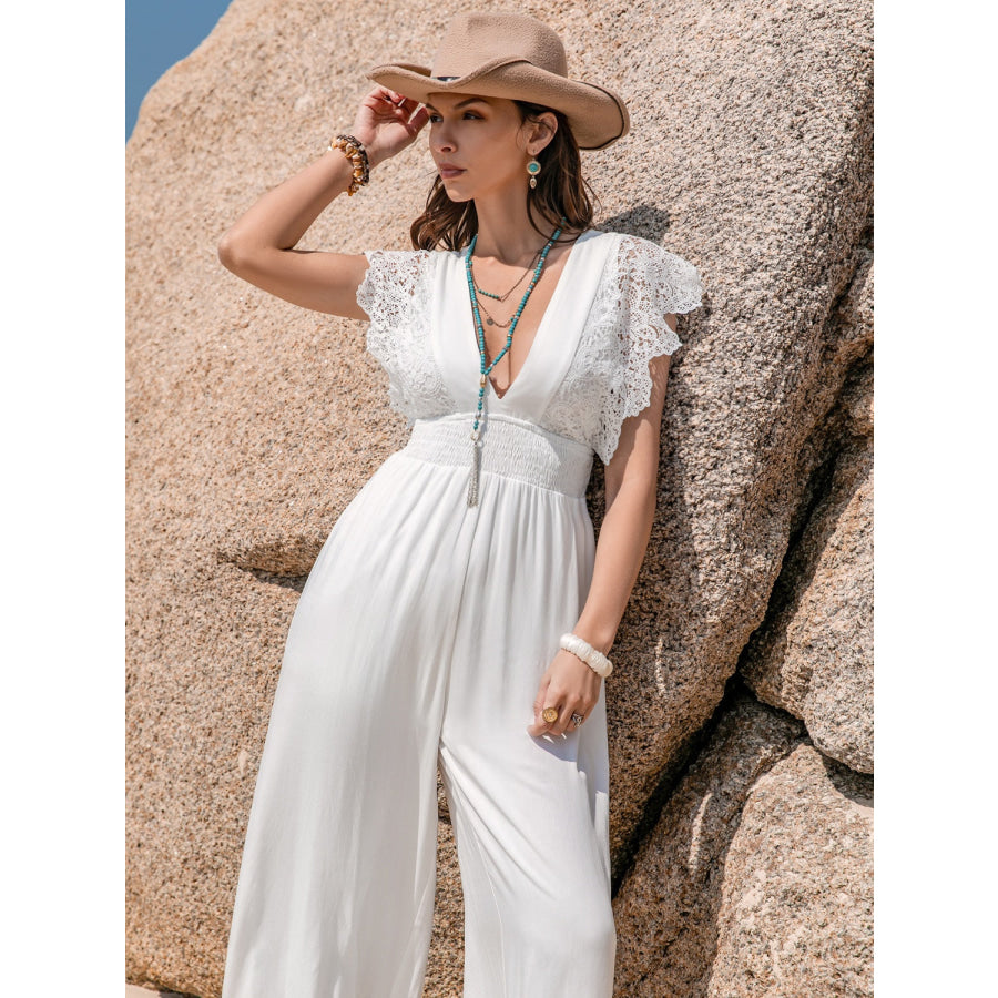 Lace Detail Plunge Cap Sleeve Jumpsuit Apparel and Accessories