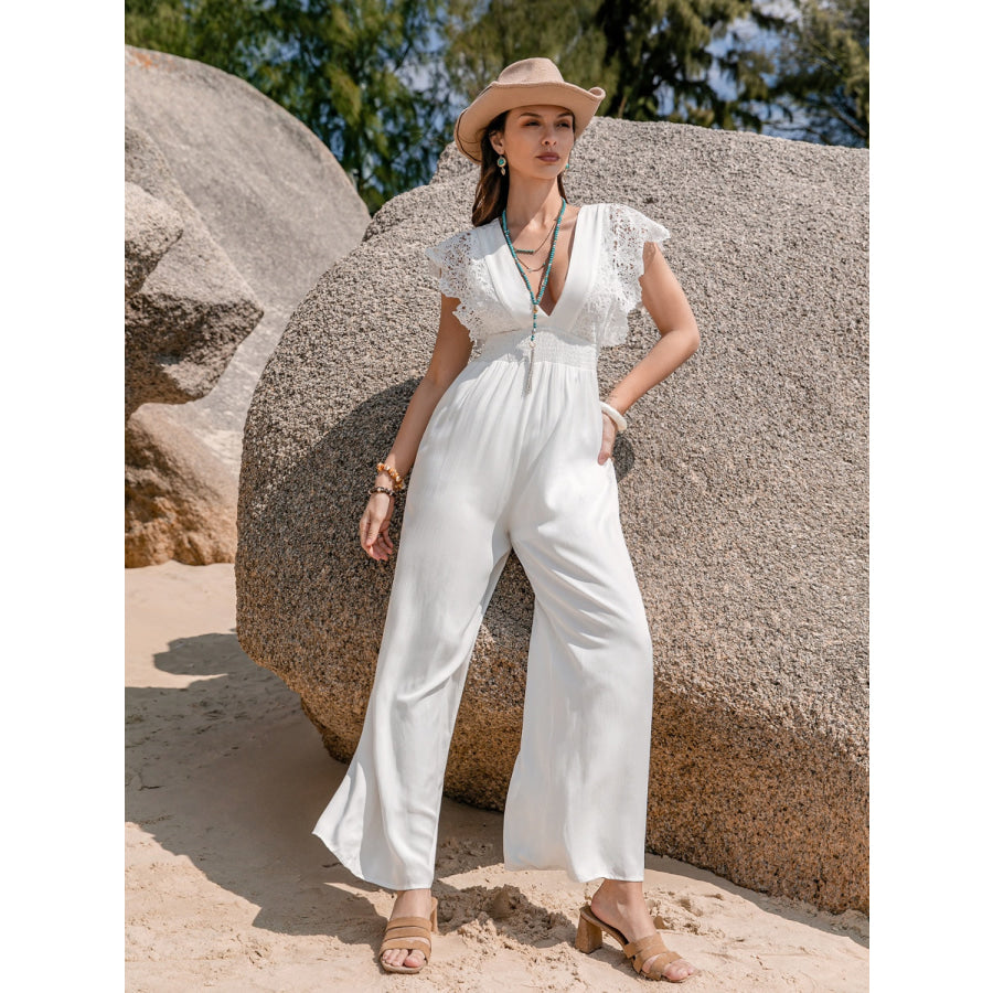 Lace Detail Plunge Cap Sleeve Jumpsuit Apparel and Accessories