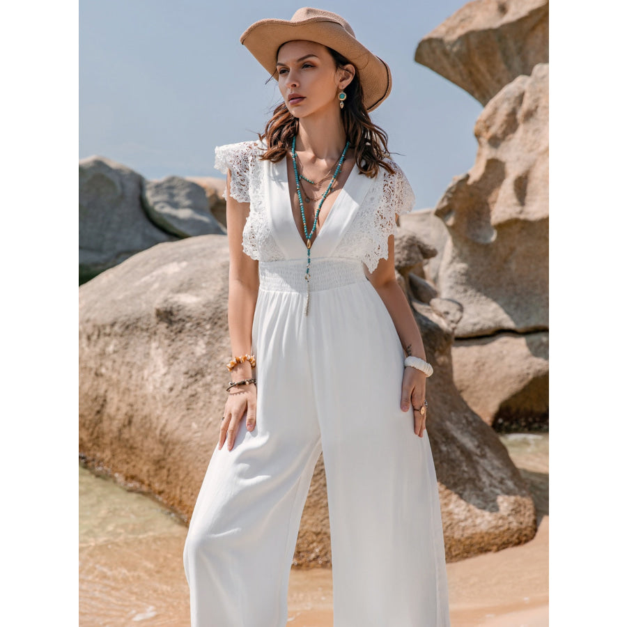 Lace Detail Plunge Cap Sleeve Jumpsuit Apparel and Accessories
