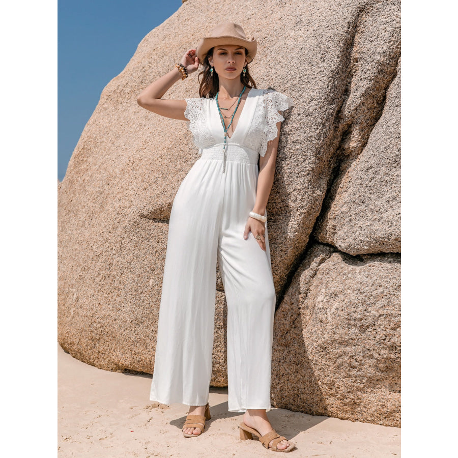 Lace Detail Plunge Cap Sleeve Jumpsuit White / S Apparel and Accessories