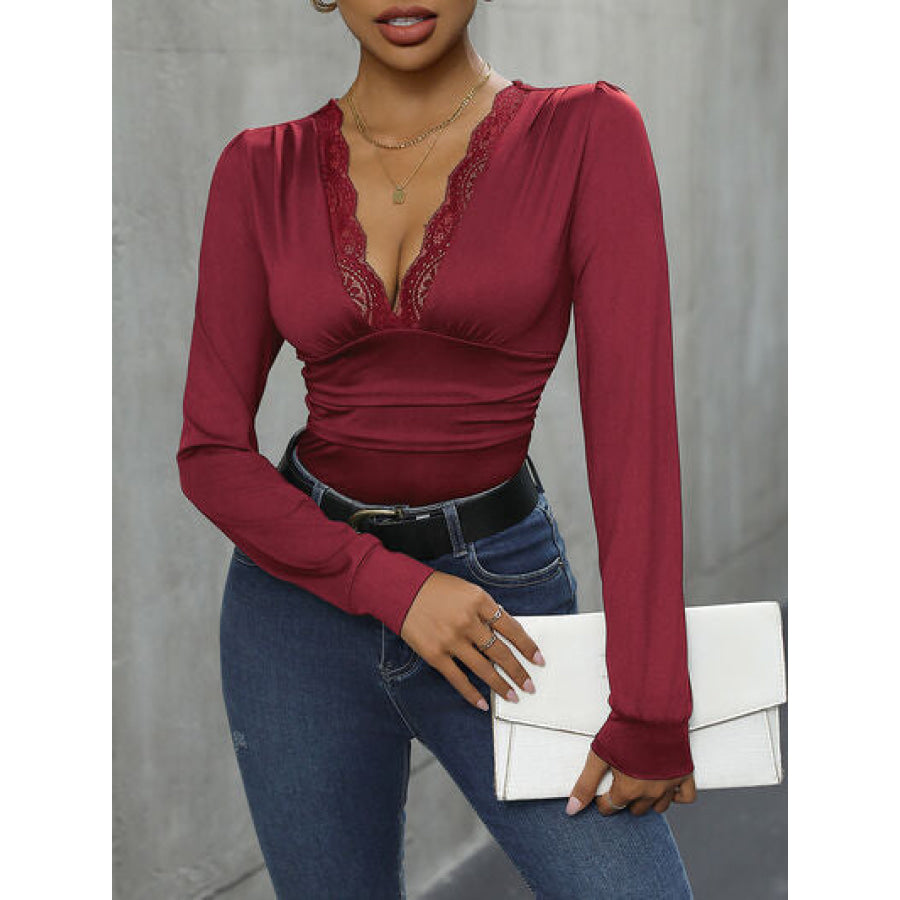 Lace Detail Plunge Long Sleeve Bodysuit Apparel and Accessories