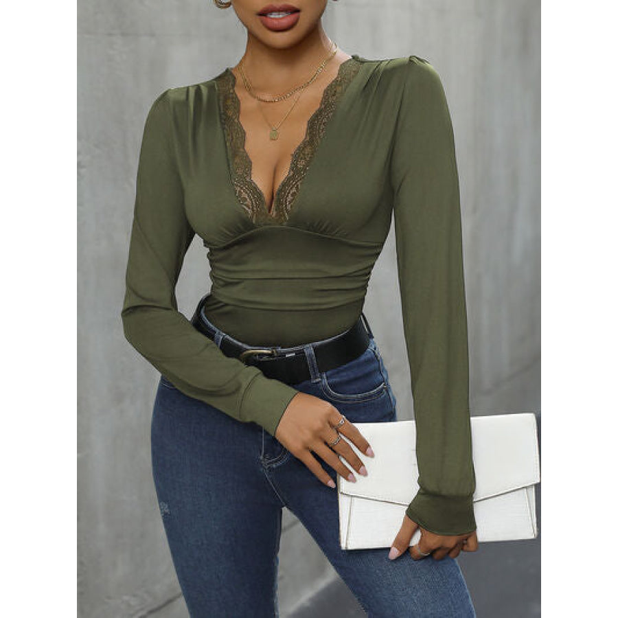 Lace Detail Plunge Long Sleeve Bodysuit Apparel and Accessories