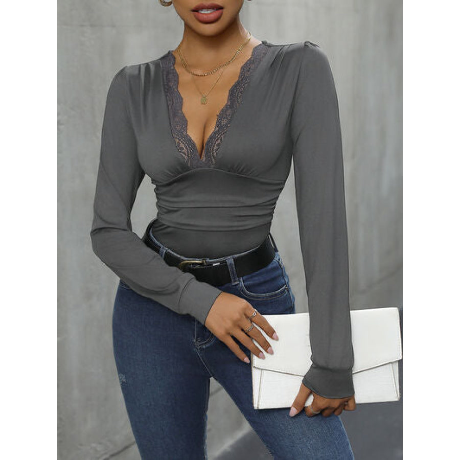Lace Detail Plunge Long Sleeve Bodysuit Apparel and Accessories