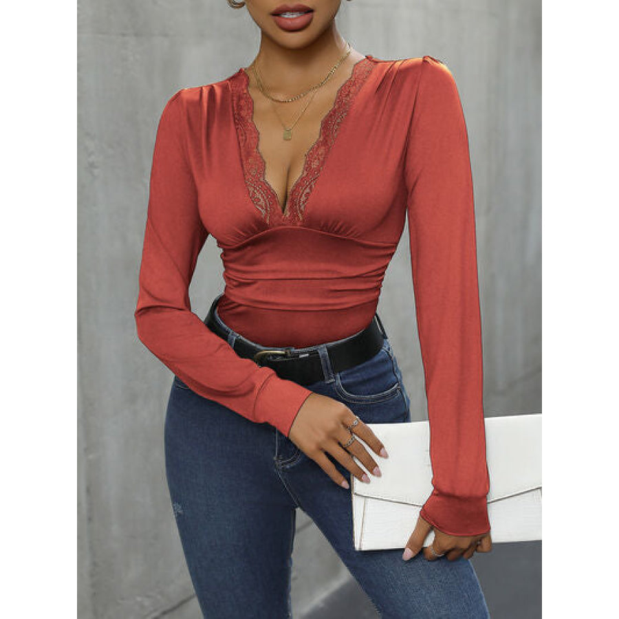 Lace Detail Plunge Long Sleeve Bodysuit Apparel and Accessories
