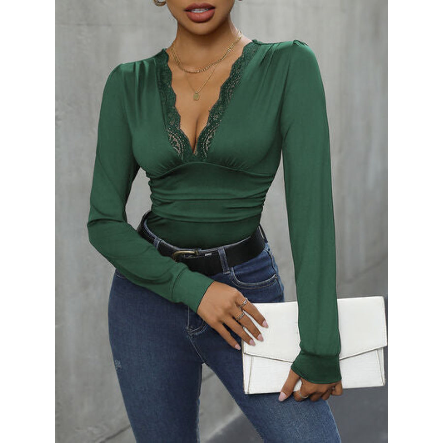 Lace Detail Plunge Long Sleeve Bodysuit Apparel and Accessories