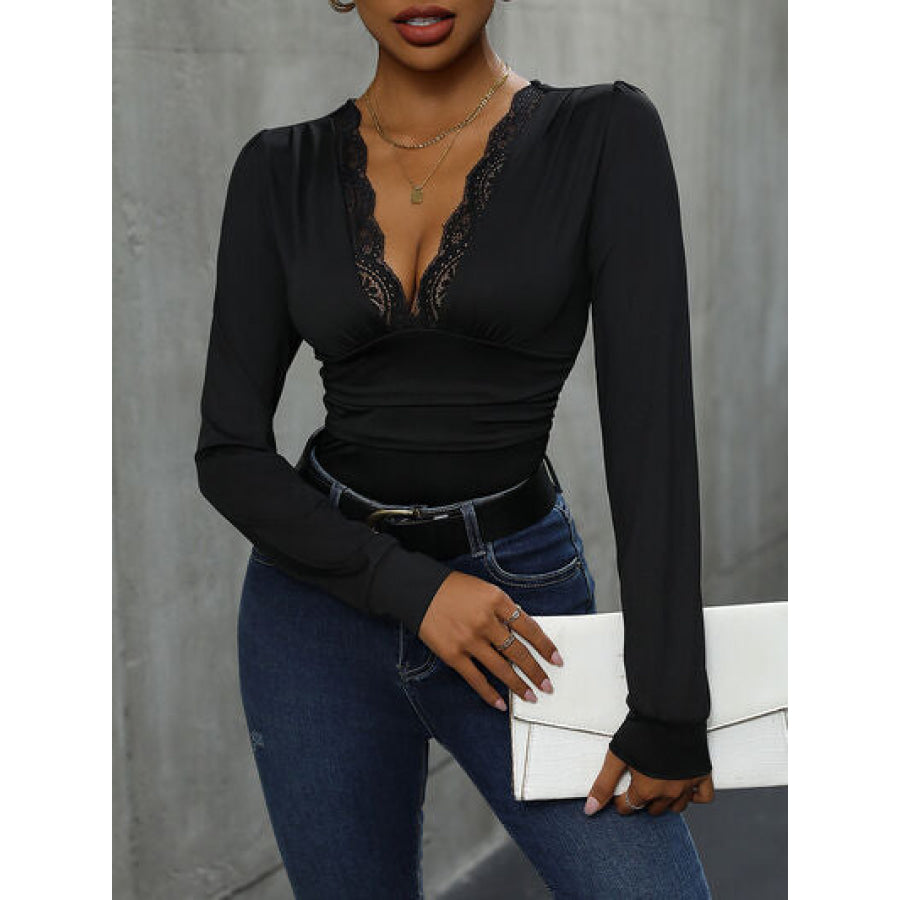 Lace Detail Plunge Long Sleeve Bodysuit Apparel and Accessories