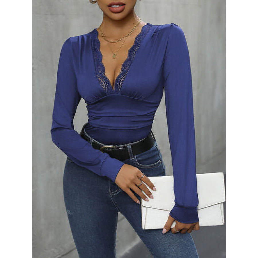 Lace Detail Plunge Long Sleeve Bodysuit Apparel and Accessories