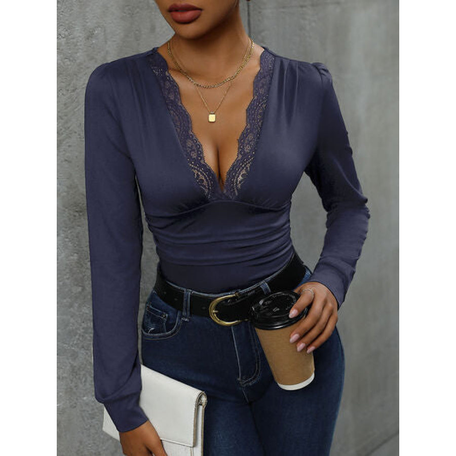 Lace Detail Plunge Long Sleeve Bodysuit Apparel and Accessories