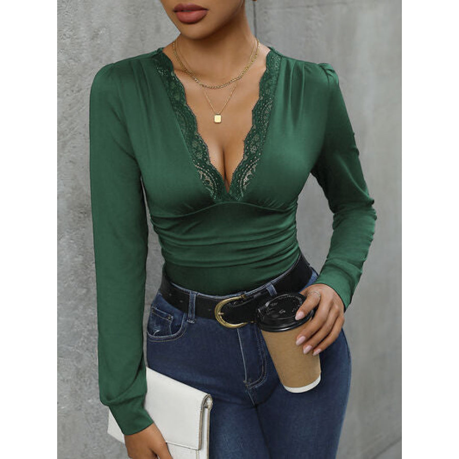 Lace Detail Plunge Long Sleeve Bodysuit Apparel and Accessories