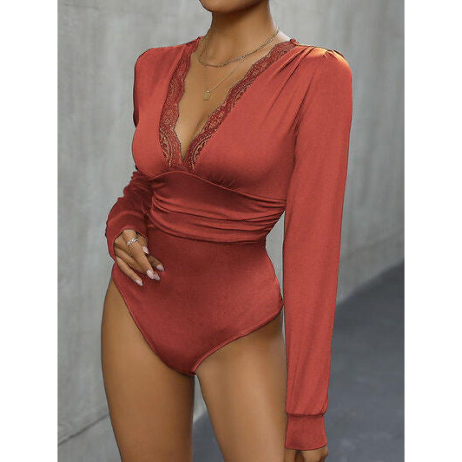 Lace Detail Plunge Long Sleeve Bodysuit Apparel and Accessories