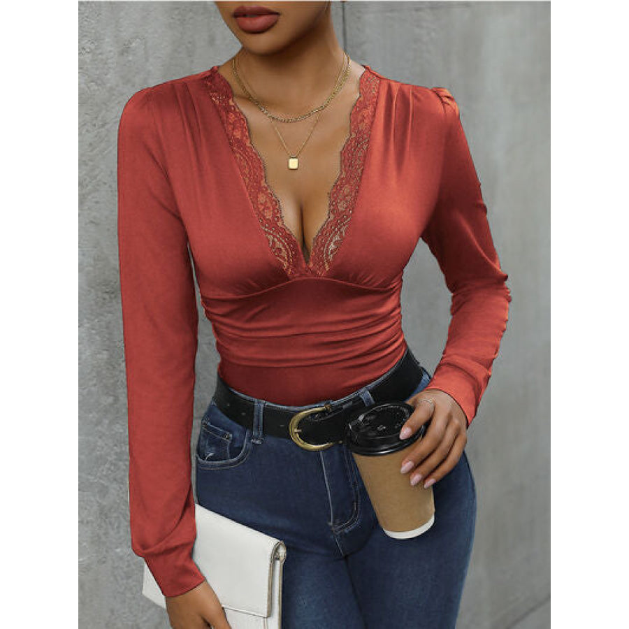 Lace Detail Plunge Long Sleeve Bodysuit Burnt Coral / S Apparel and Accessories