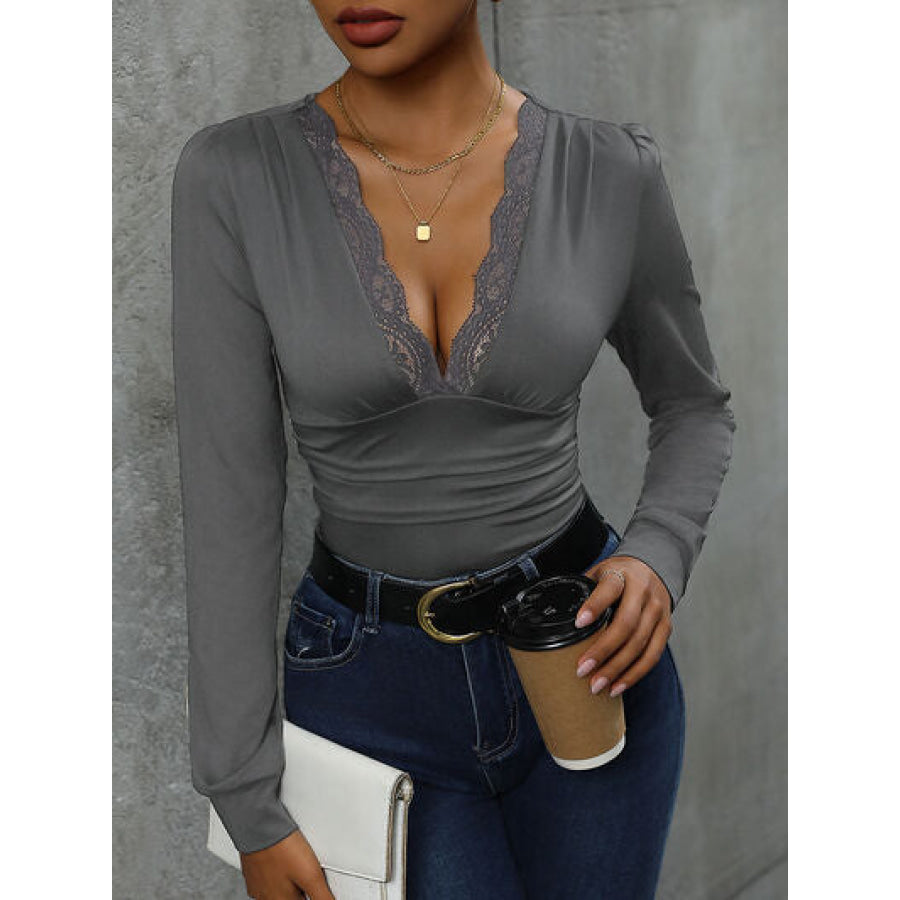 Lace Detail Plunge Long Sleeve Bodysuit Charcoal / S Apparel and Accessories