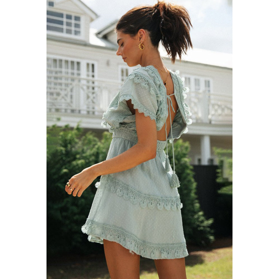 Lace Detail Plunge Short Sleeve Mini Dress Apparel and Accessories