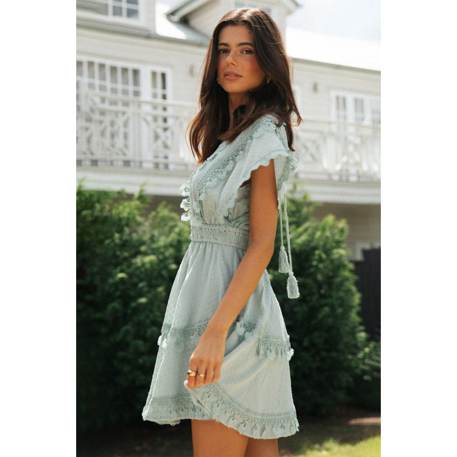 Lace Detail Plunge Short Sleeve Mini Dress Apparel and Accessories