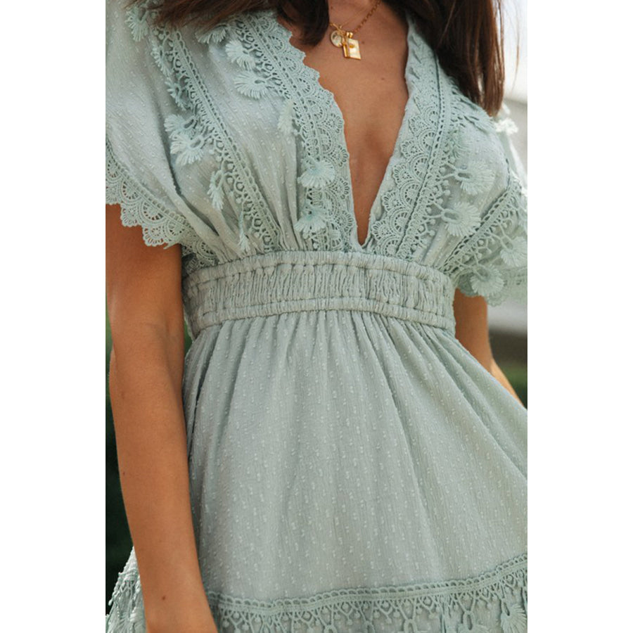 Lace Detail Plunge Short Sleeve Mini Dress Apparel and Accessories