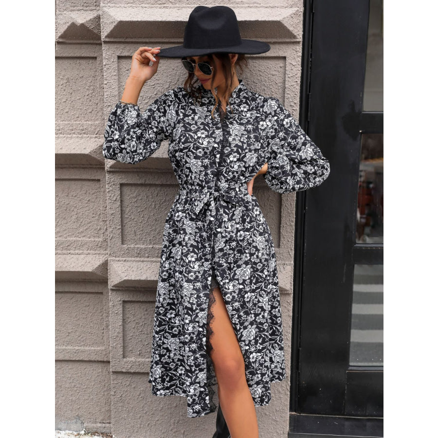 Lace Detail Printed Long Sleeve Midi Dress Apparel and Accessories