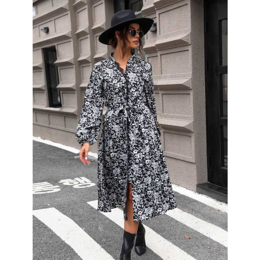 Lace Detail Printed Long Sleeve Midi Dress Apparel and Accessories