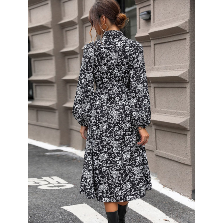 Lace Detail Printed Long Sleeve Midi Dress Apparel and Accessories
