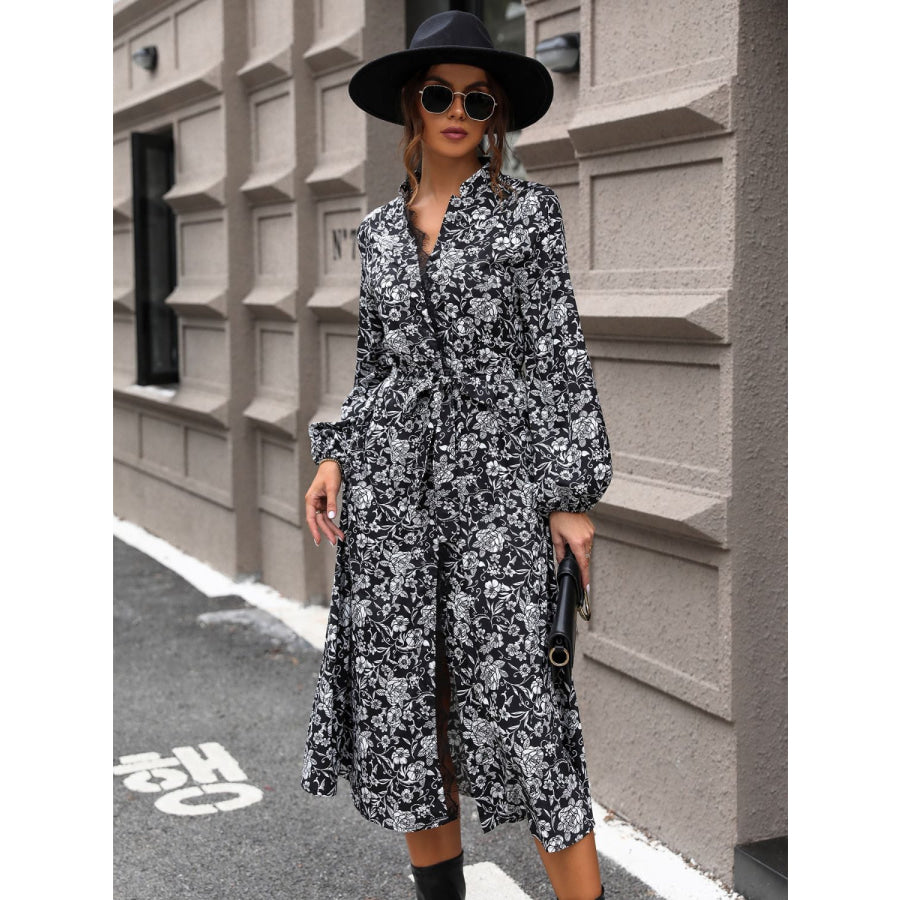 Lace Detail Printed Long Sleeve Midi Dress Apparel and Accessories