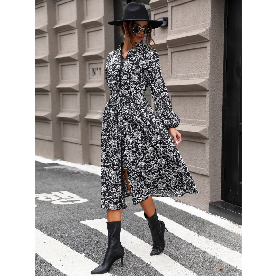 Lace Detail Printed Long Sleeve Midi Dress Apparel and Accessories
