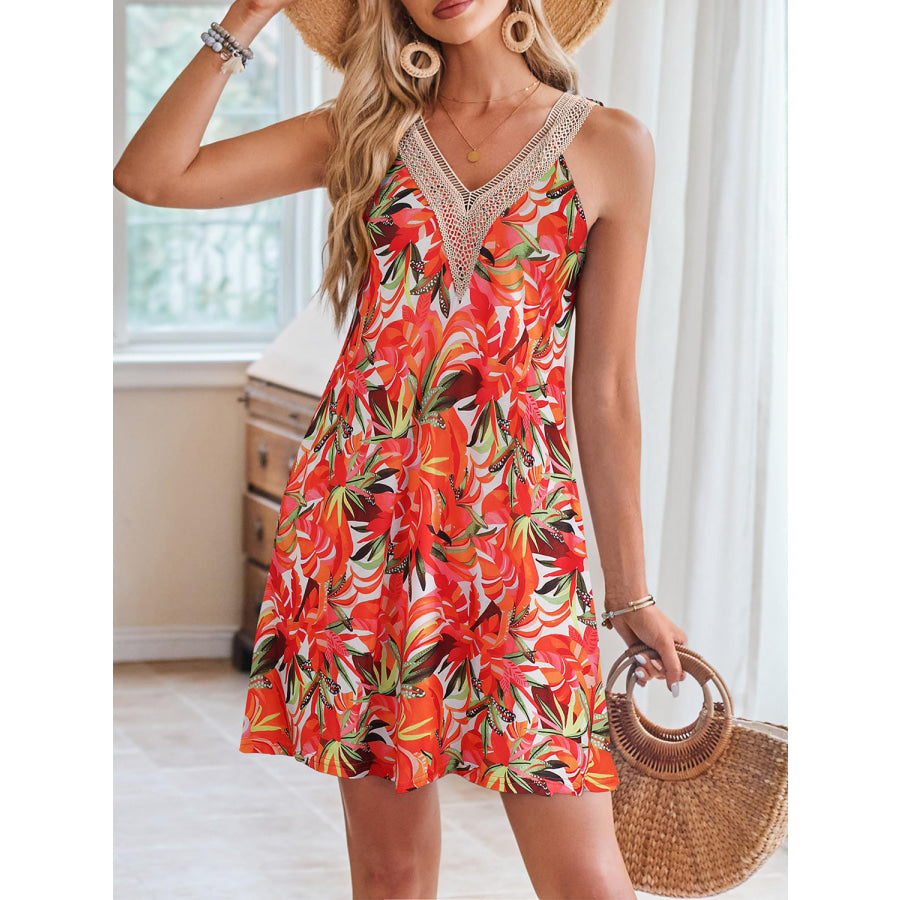 Lace Detail Printed V - Neck Sleeveless Dress Apparel and Accessories