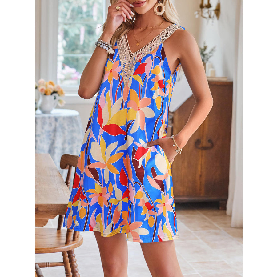 Lace Detail Printed V - Neck Sleeveless Dress Apparel and Accessories