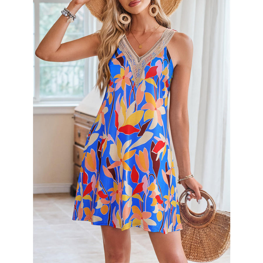 Lace Detail Printed V - Neck Sleeveless Dress Apparel and Accessories