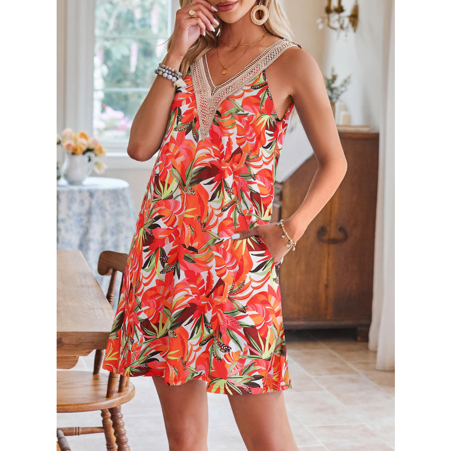 Lace Detail Printed V - Neck Sleeveless Dress Apparel and Accessories