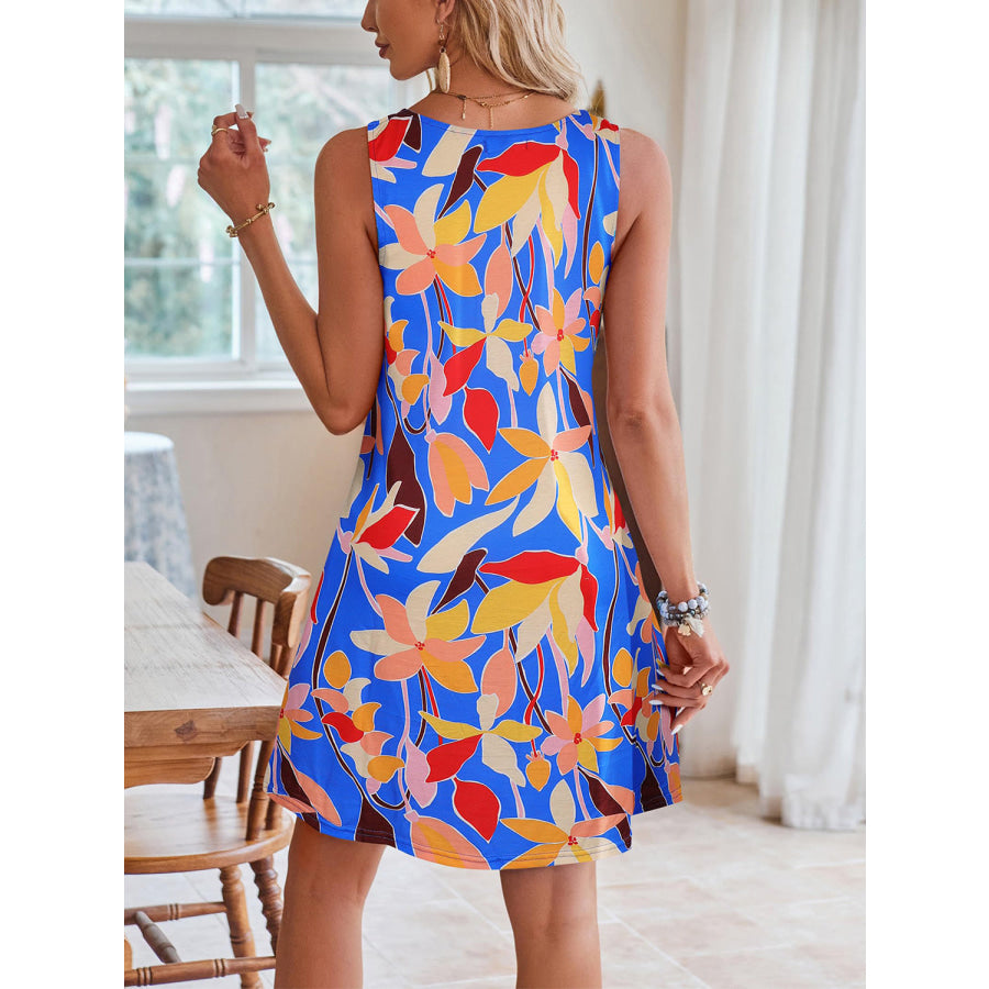 Lace Detail Printed V - Neck Sleeveless Dress Apparel and Accessories